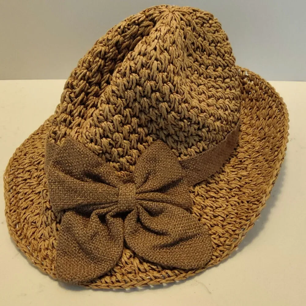 Women's Woven Paper Straw Sun Hat Crochet Beach Bucket Cap with Bow Brown